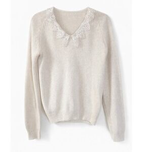 Vintage Susanne Kent Cream Lace Collar Knit Sweater Women Small Silk Blend
